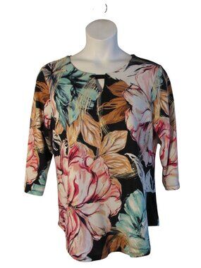 JM Collection XL Pink Navy Green Floral Metallic Shirt Top Tunic